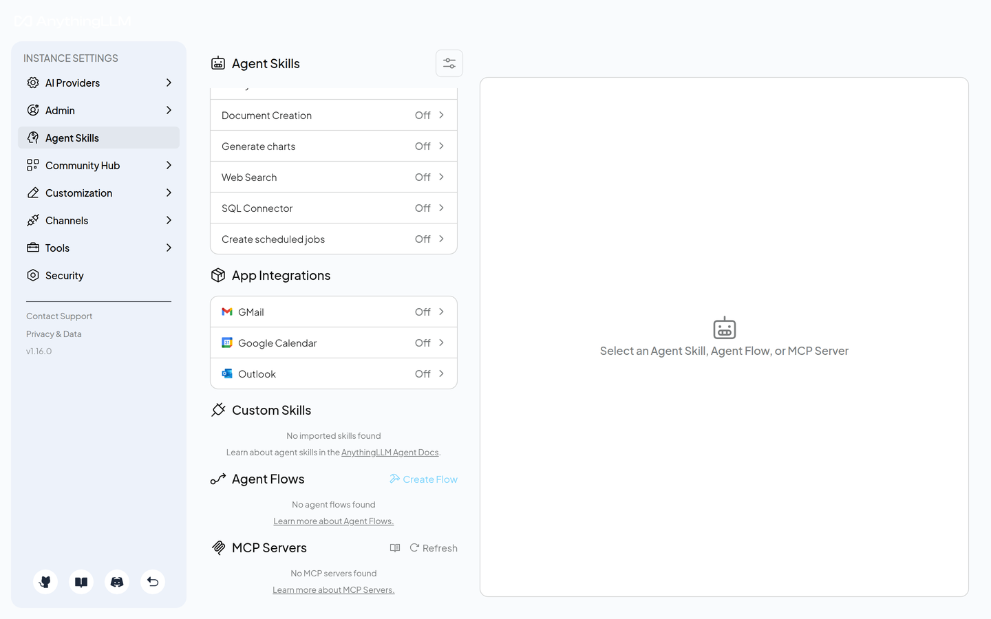 Настройки AnythingLLM, раздел Agent Skills. Внизу страницы блок MCP Servers с кнопкой Refresh и надписью No MCP servers found.