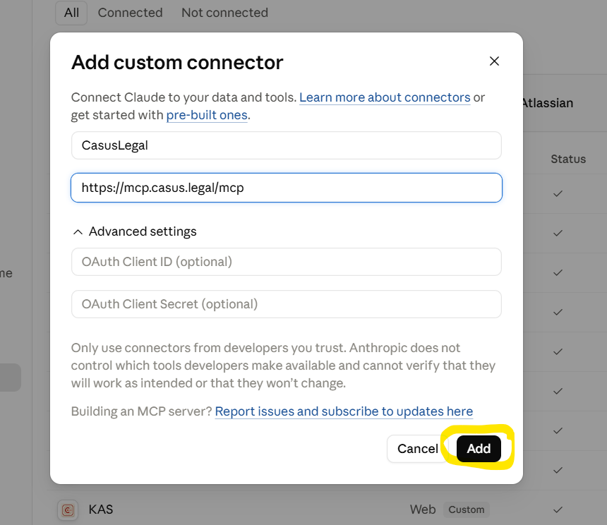 Форма Add custom connector. Жёлтым отмечена кнопка Add. Поля OAuth Client ID и OAuth Client Secret остаются пустыми.